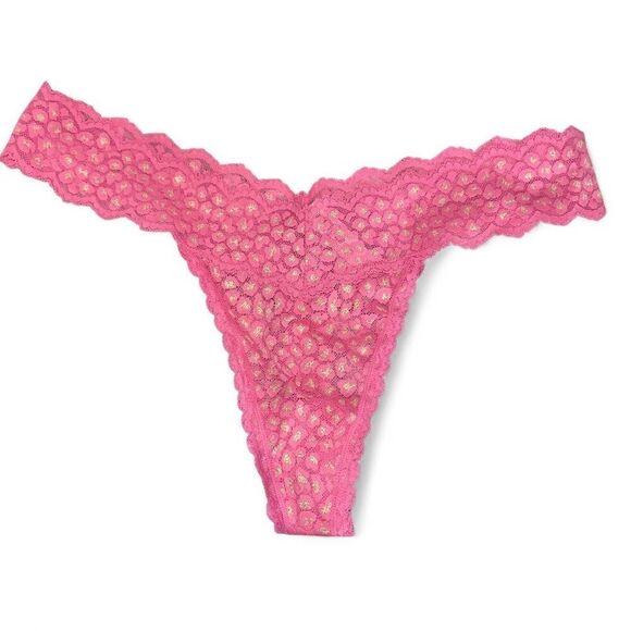 NWT (XXL) Victoria’s Secret The Lacie Sparkly Animal Lace Thong Panty Gold/Pink - Picture 7 of 10